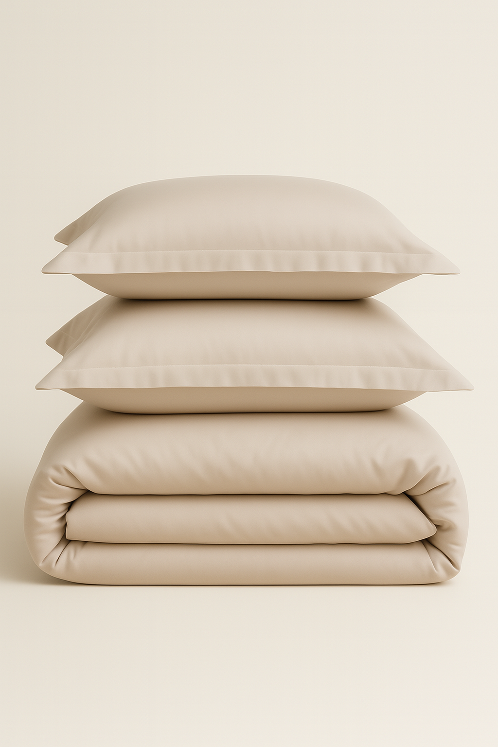 Stack of beige bedding including a duvet and pillows on a light beige background
